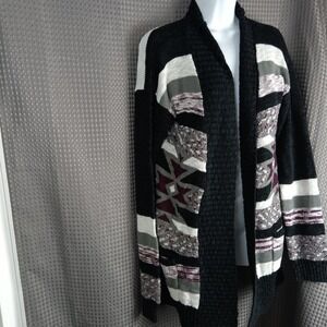 Pink Cattlelac Cardigan Sweater Womens XL‎ Black Burgundy Aztec Open Pockets